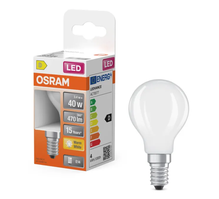 Ampoule, E14, dépolie, LED, 3,4W, 2700K, 470lm, Ø4,5cm, H8,4cm - Osram