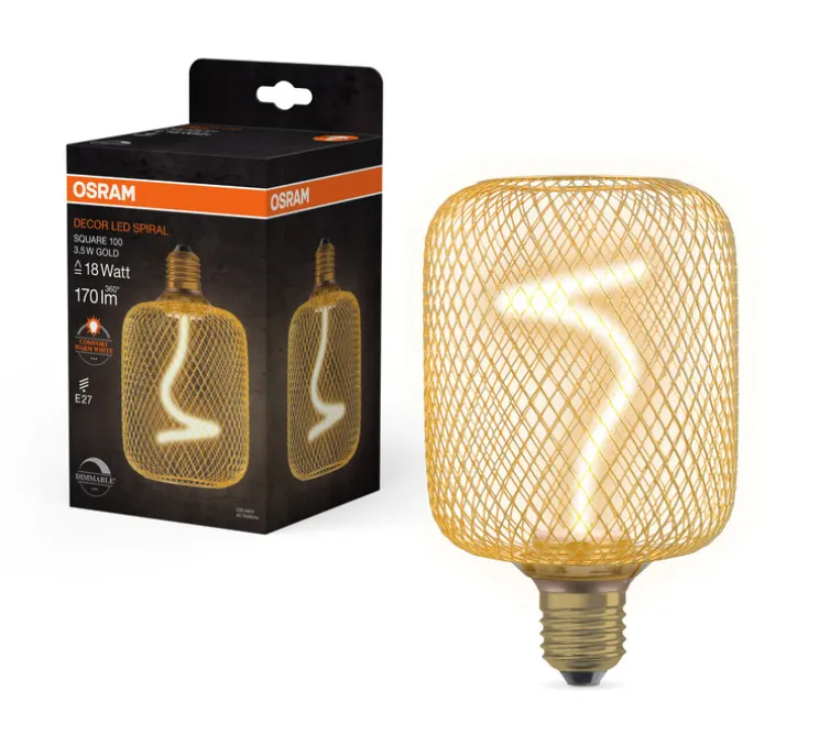Ampoule LED, E27, Decor cage métal carré spirale, or, 1800K, 170 lm, Ø10cm, H16,2cm - Osram