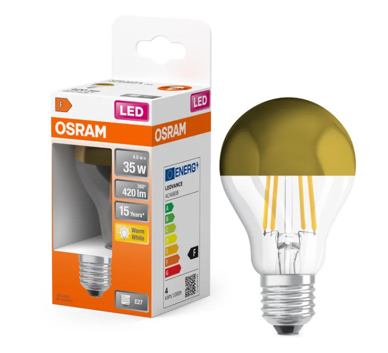 Ampoule*Osram Ampoule LED, E27, Star Classic A 35, calotte or, 2700K, 400 lm, Ø6cm, H10,5cm - or et transparent