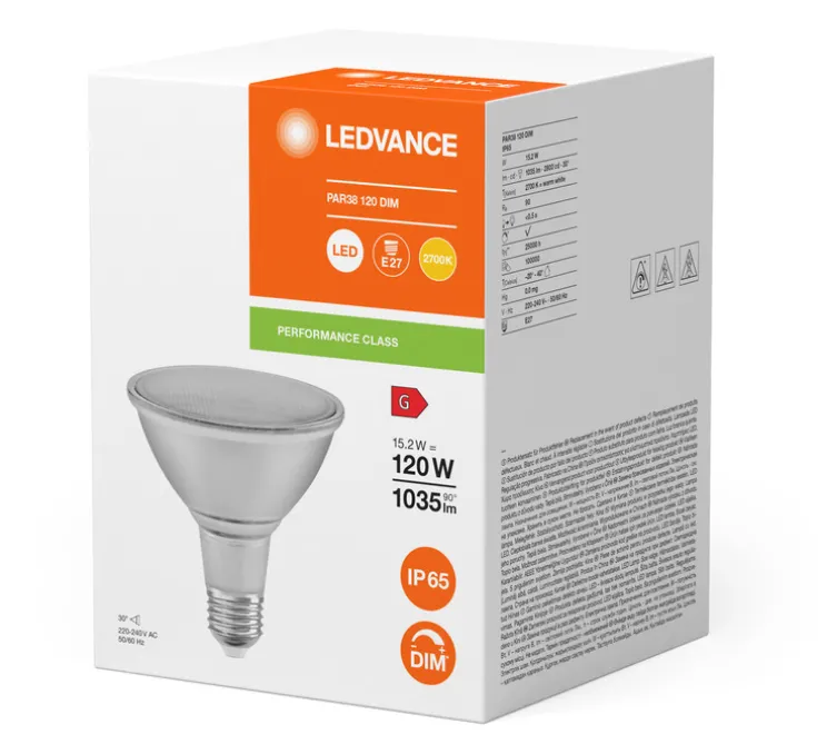 Ampoule LED, E27,Par 38 120 30°, gris, dim, 15,2W, 2700K, 1035 lm, CRI >90, Ø12,2cm, H13,4cm - Ledvance