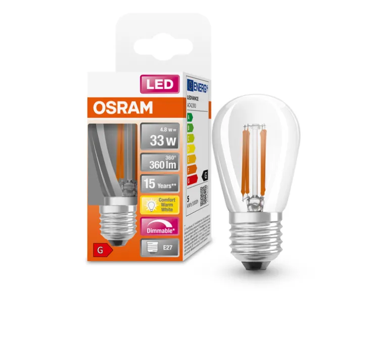 Ampoule LED, E27,Superstar Mini ST45, transparent, dim, 4,8W, 2200K, 360 lm, Ø4,5cm, H8,8cm - Osram