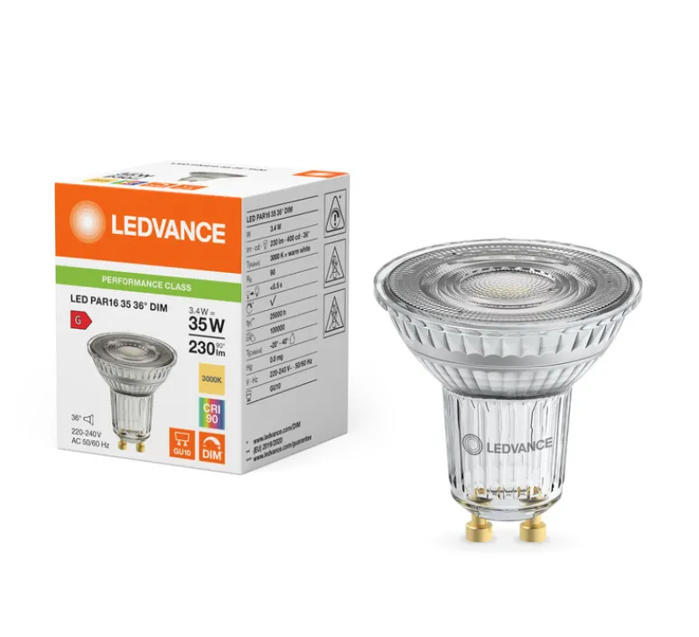 Ampoule*Ledvance Ampoule LED, GU10,PAR16 35 36°, , dim, 3000K, 230 lm, CRI >90, Ø5cm, H5,2cm - Transparent