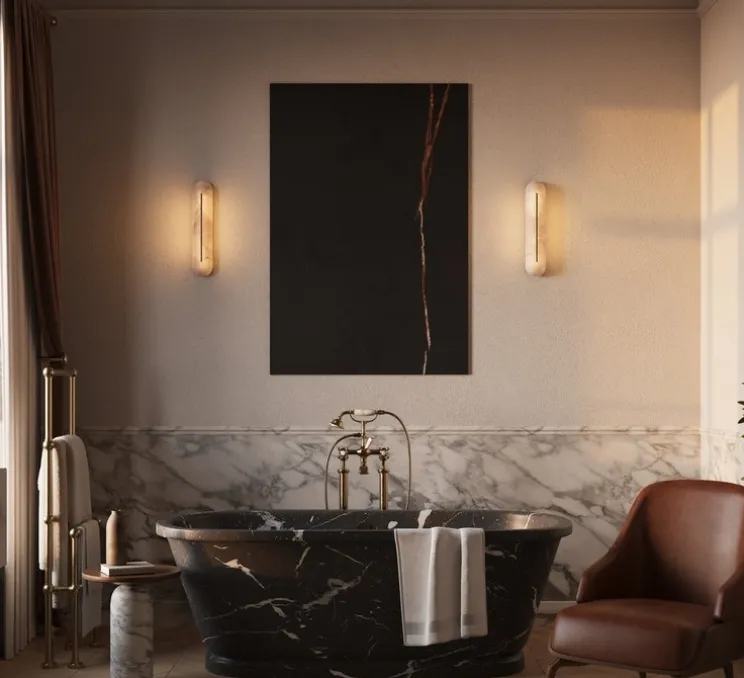 Applique de salle de bain, Hepworth, bronze et albâtre, IP44, LED, dim, 2700K, L10cm, H46cm - CTO lighting