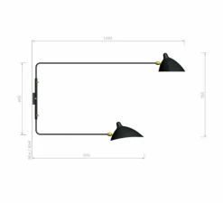 Applique double, 2 bras droits pivotants, noir, H75cm, L134cm / L97cm - Serge Mouille