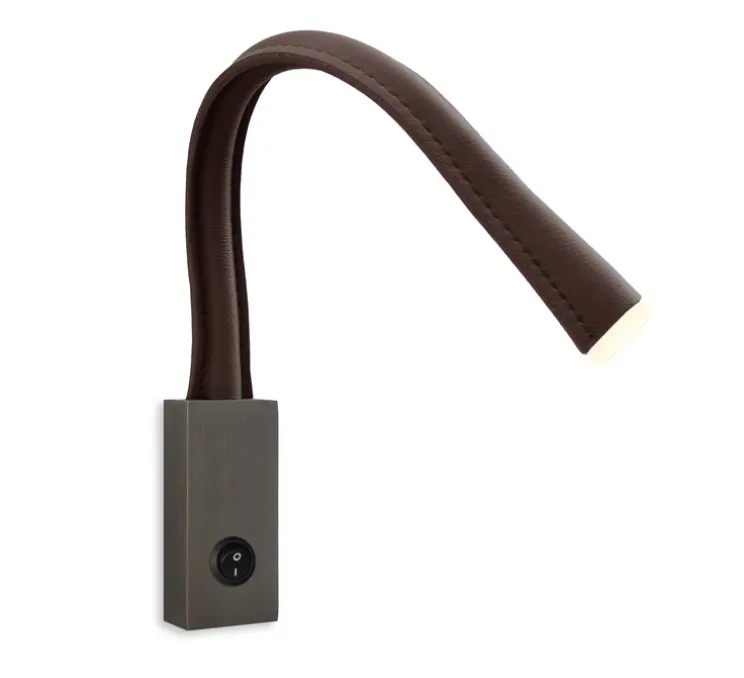 Applique, Flexiled 40, avec interrupteur, bronze brossé, simili cuir marron, LED, 2700K, 400lm, L4,6cm, H40cm - Contardi