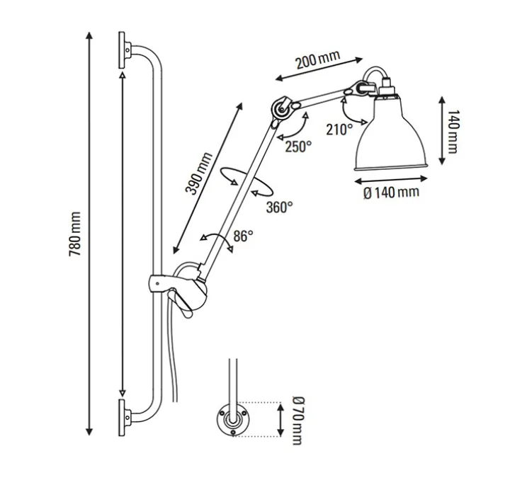 Applique murale, Lampe Gras 210, corps noir, abat-jour round cuivre (intérieur cuivre), L14cm, H78cm - DCW