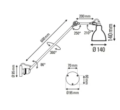 Applique murale, Lampe Gras 304 L60, corps noir, abat-jour rond noir (intérieur blanc), L60cm, H14cm - DCW éditions Paris