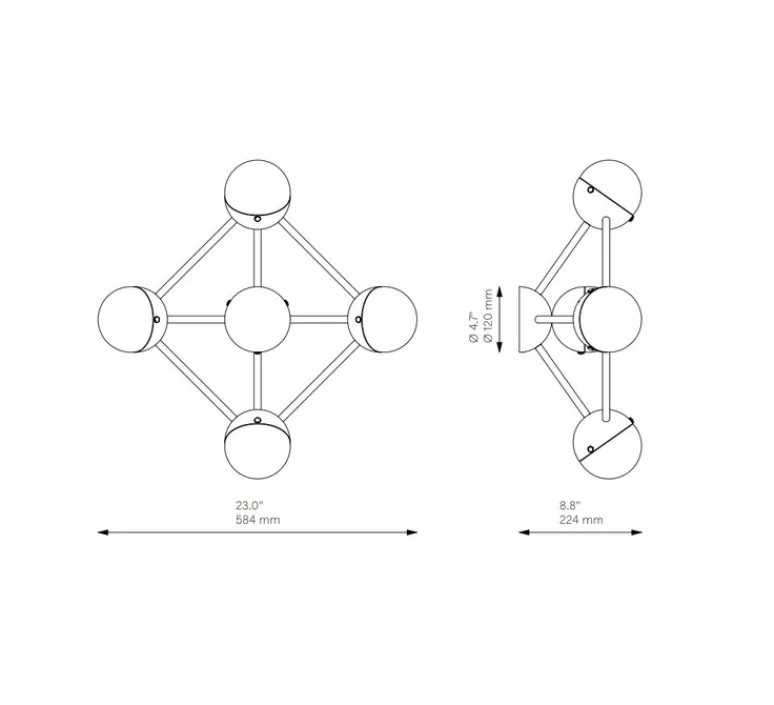 Applique*Schwung Applique murale, Molecule 5, , L58,4cm, H22,4cm - laiton, verre frosted