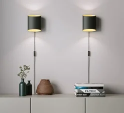 Applique murale, Sinne, Laiton,noir,avec câble, Ø13,5cm, H17cm - Belid