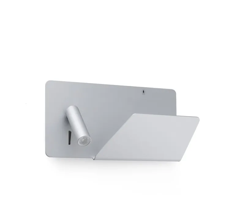 Applique*Faro Applique murale, Suau, liseuse à droite, gris, LED, plaque de rangement, USB, L28cm - argent