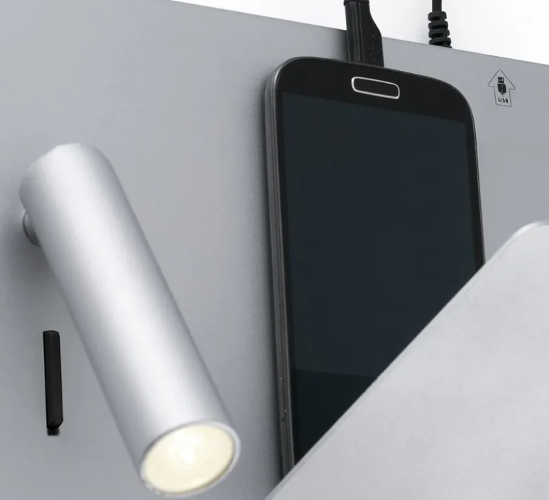 Applique*Faro Applique murale, Suau, liseuse à droite, gris, LED, plaque de rangement, USB, L28cm - argent