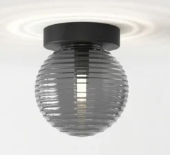 Applique ou plafonnier, Tacoma Surface, noir mat, abat-jour Tacoma Ribbed Glass fumé, IP44, Ø13,5cm, P15,4cm - Astro