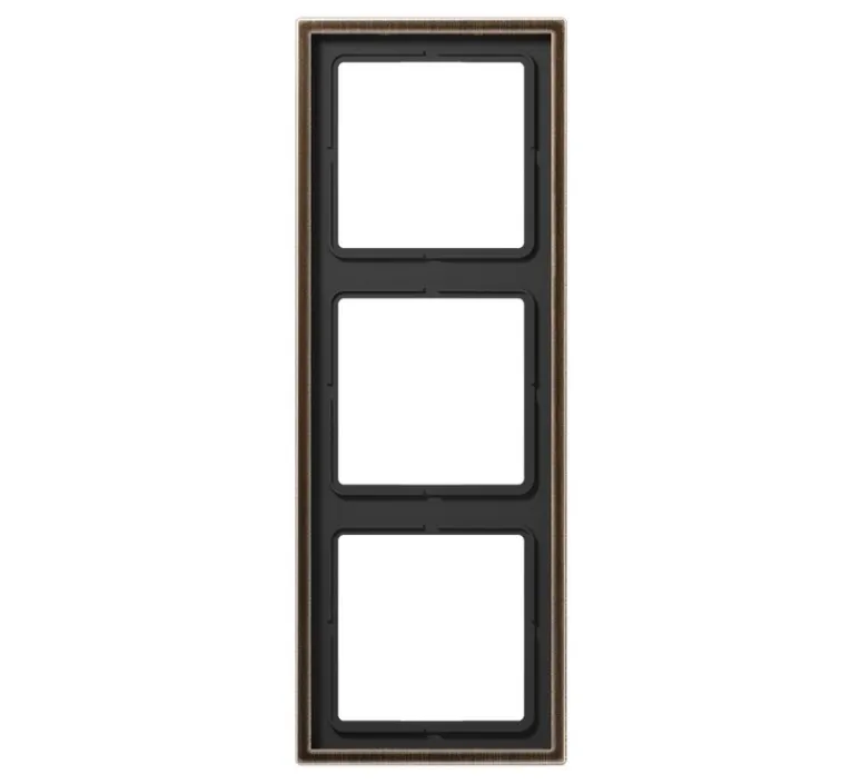 Interrupteur|Prise*Jung Cadre, LS 990, Triple horizontal ou vertical, Laiton ancien, Interrupteur et Prise, L22,3cm, H8,1cm -