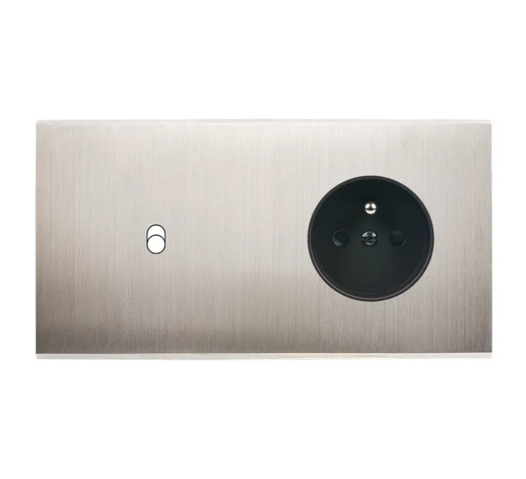 Façade, Confidence, Double horizontal, Nickel satiné, Interrupteur x1, Prise-2P+T x1, L15,1cm, H8cm - Modelec