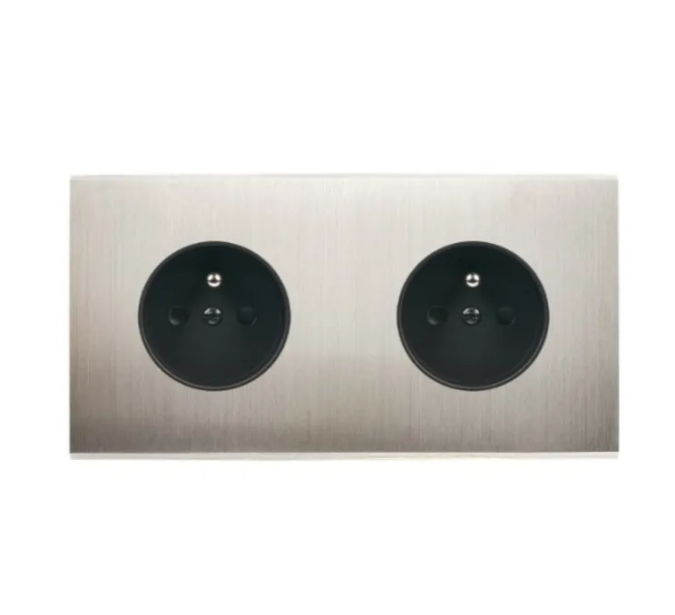 Façade, Confidence, Double horizontal, Nickel satiné, Prise-2P+T x2, L15,1cm, H8cm - Modelec