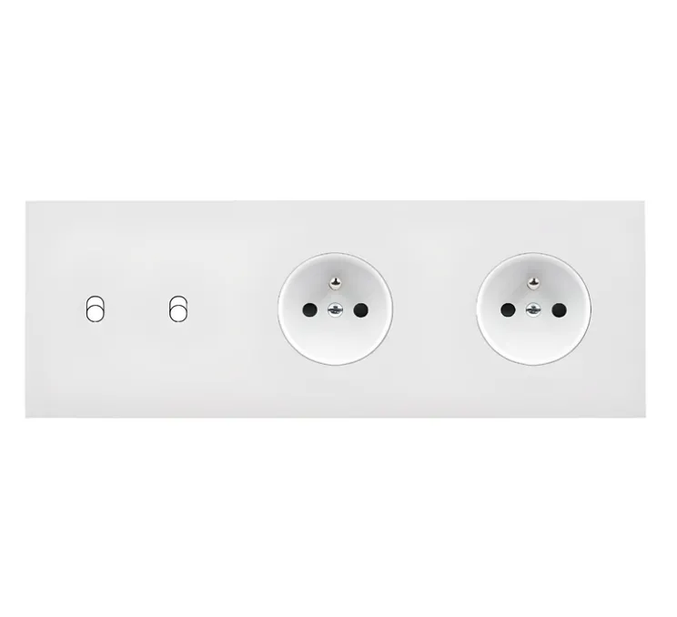 Façade, Désir, Triple horizontal, Blanc mat, Interrupteur x2, Prise-2P+T x2, L22,2cm, H8cm - Modelec