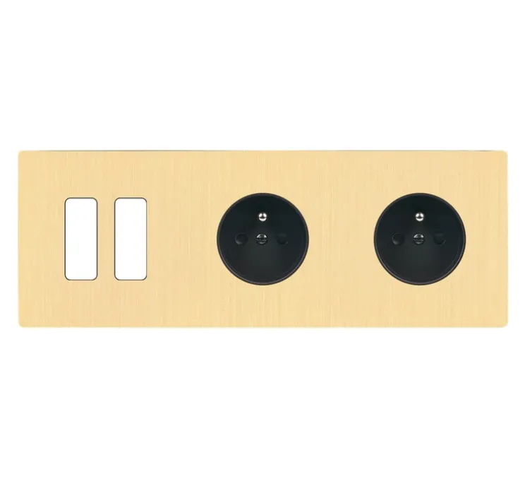 Façade, M, Double horizontal, Laiton brossé, Interrupteur x2, Prise-2P+T x2, L22,2cm, H8cm - Modelec
