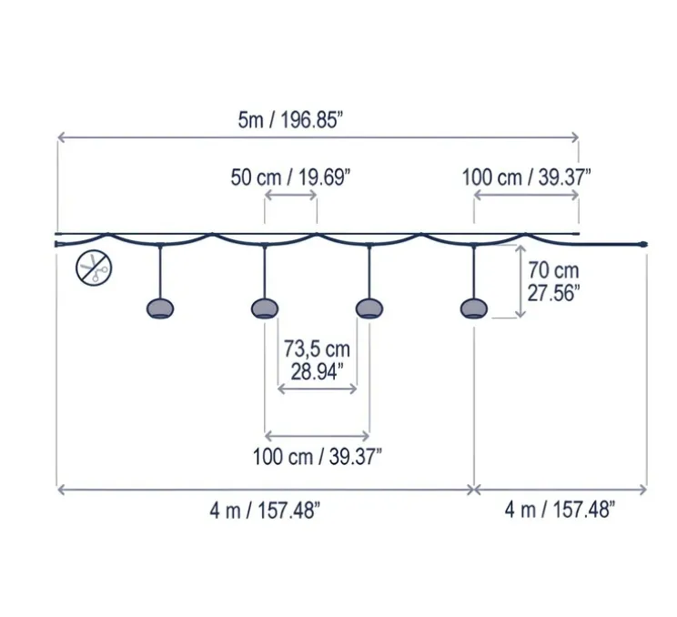 Guirlande lumineuse, Garota Catenary S/27/4L, noir, marron, IP66, LED, 2700K, 450 lm, L500cm, H70cm - Bover