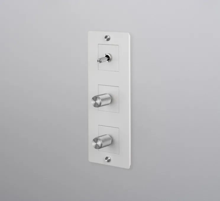 Interrupteur, Buster, Triple vertical, Blanc, Va-et-vient x1, Variateur x1, Variateur x1, Acier, L23,2cm, H9cm - Buster & Punch