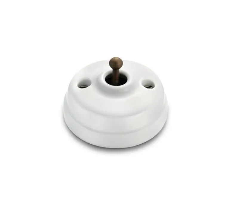 Interrupteur*Fontini Interrupteur, Dimbler, Simple, Porcelaine blanc, Va-et-vient x1, Sans passe-câble, Laiton vieilli, L6,45cm, H6,45cm -