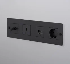Interrupteur et Prise, Buster, Quadruple horizontal, Noir, Va-et-vient x1, Prise-HDMI x1, Prise-USB A/C x1, Prise-Schuko x1, Noir, L30,3cm, H9cm - Buster & Punch