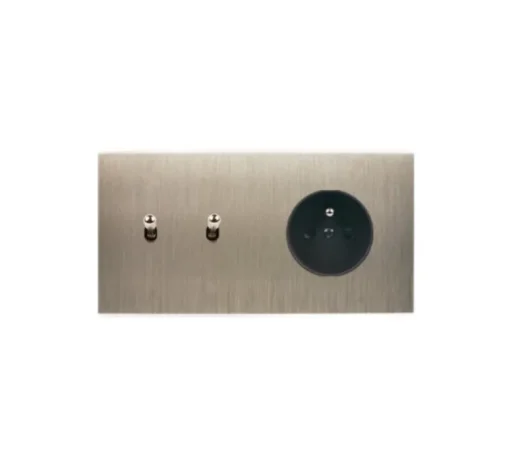 Prise|Interrupteur*Modelec Interrupteur et Prise, Confidence, Double horizontal, Acier brossé, Va-et-vient x2, Prise-2P+T x1, Acier, L15,1cm, H8cm -