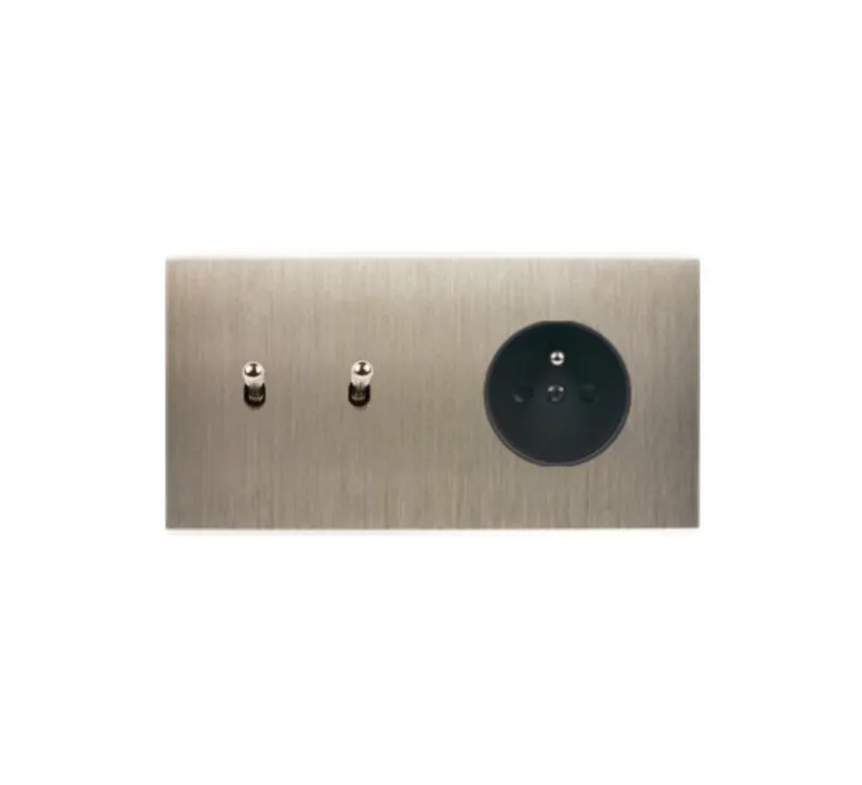 Prise|Interrupteur*Modelec Interrupteur et Prise, Confidence, Double horizontal, Acier brossé, Va-et-vient x2, Prise-2P+T x1, Acier, L15,1cm, H8cm -