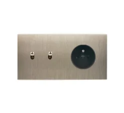 Prise|Interrupteur*Modelec Interrupteur et Prise, Confidence, Double horizontal, Acier brossé, Poussoir x2, Prise-2P+T x1, Acier, L15,1cm, H8cm -