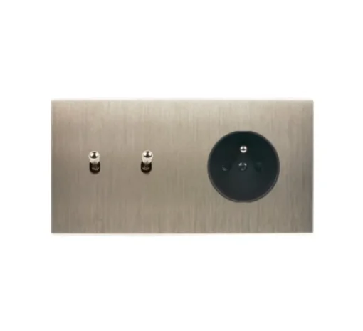 Prise|Interrupteur*Modelec Interrupteur et Prise, Confidence, Double horizontal, Acier brossé, Poussoir x2, Prise-2P+T x1, Acier, L15,1cm, H8cm -