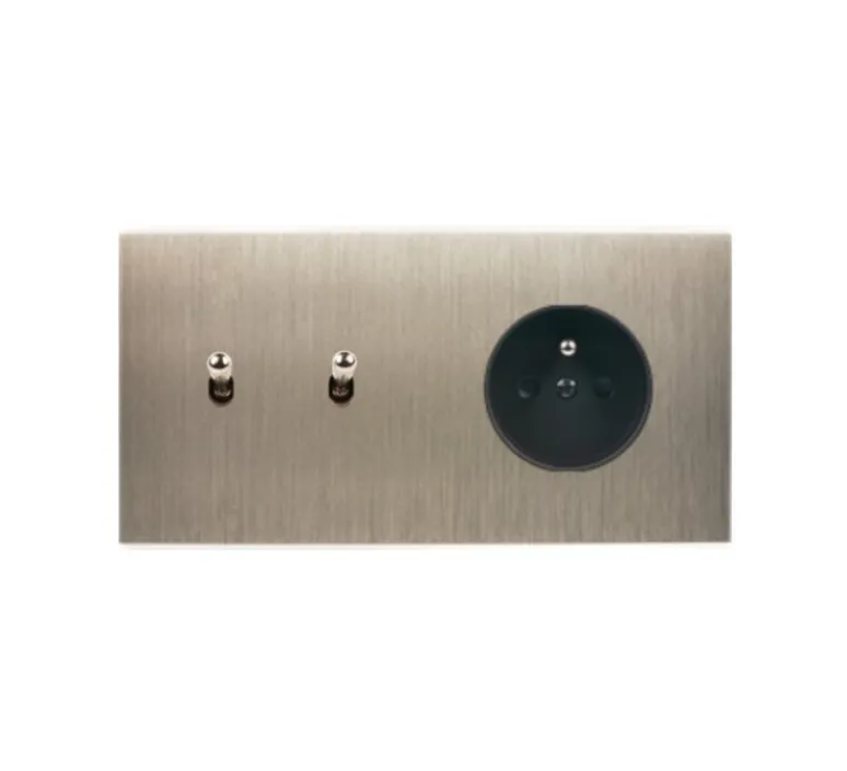 Prise|Interrupteur*Modelec Interrupteur et Prise, Confidence, Double horizontal, Acier brossé, Poussoir x2, Prise-2P+T x1, Acier, L15,1cm, H8cm -