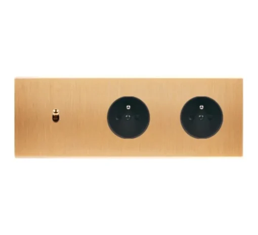 Prise|Interrupteur*Modelec Interrupteur et Prise, Confidence, Triple horizontal, Laiton brossé, Va-et-vient ou poussoir x1, Prise-2P+T x2, Laiton, L22,2cm, H8cm -