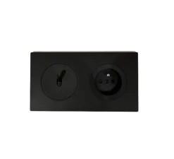 Interrupteur et Prise, DOM, Double horizontal, Noir mat, Va-et-vient x1, Prise-2P+T x1, Noir mat, L15,7cm, H8,6cm - Fontini