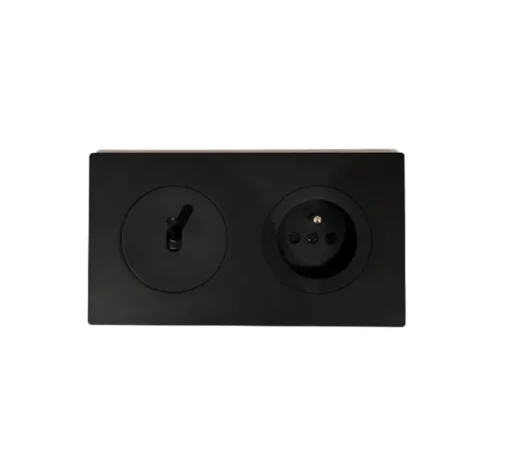 Interrupteur et Prise, DOM, Double horizontal, Noir mat, Va-et-vient x1, Prise-2P+T x1, Noir mat, L15,7cm, H8,6cm - Fontini