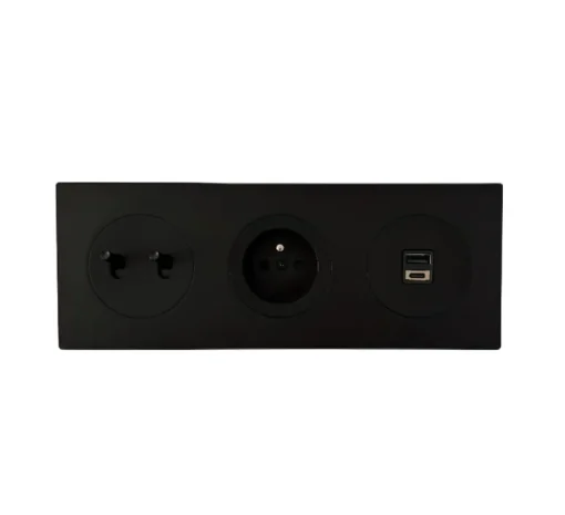 Prise|Interrupteur*Fontini Interrupteur et Prise, DOM, Triple horizontal, Noir mat, Va-et-vient x2, Prise-2P+T x1, Prise-USB A/C x1, Noir mat, L22,8cm, H8,6cm -