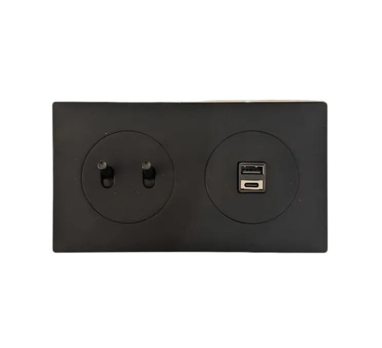 Interrupteur et Prise, DOM, Double horizontal, Noir mat, Va-et-vient x2, Prise-USB A/C x1, Noir, L15,7cm, H8,6cm - Fontini