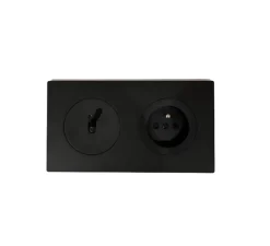 Prise|Interrupteur*Fontini Interrupteur et Prise, DOM, Double horizontal, Noir mat, Poussoir x1, Prise-2P+T x1, Noir mat, L15,7cm, H8,6cm -