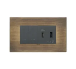 Prise|Interrupteur*Vimar Interrupteur et prise, Eikon Exé, Double Italien, Bronze antique brossé, Va-et-vient x2, Prise-USB A/C x1, Gris, L15cm, H9,3cm -