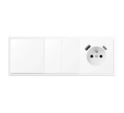 Interrupteur et Prise, LS 990, Triple horizontal, Blanc mat, Va-et-vient x1, Va-et-vient x2, Prise-2P+T x1, Prise-USB A x1, Prise-USB C x1, Blanc mat, L22,3cm, H8,1cm - Jung
