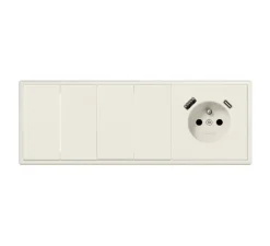 Prise|Interrupteur*Jung Interrupteur et Prise, LS 990, Triple horizontal, Ivoire, Va-et-vient x2, Va-et-vient x2, Prise-2P+T x1, Prise-USB A/C x1, Ivoire, L8,1cm, H8,1cm -