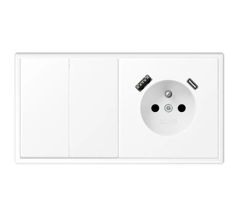 Prise|Interrupteur*Jung Interrupteur et Prise, LS 990, Double horizontal, Blanc mat, Va-et-vient x2, Prise-2P+T x1, Prise-USB A/C x1, Blanc mat, L15,2cm, H8,1cm -