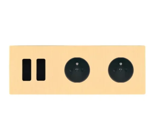 Prise|Interrupteur*Modelec Interrupteur et Prise, M, Double horizontal, Laiton brossé, Va-et-vient ou poussoir x2, Prise-2P+T x2, Noir, L22,8cm, H8cm -