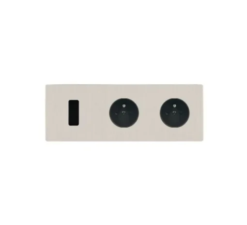 Prise|Interrupteur*Modelec Interrupteur et Prise, M, Triple horizontal, Nickel brossé, Va-et-vient ou poussoir x1, Prise-2P+T x2, Noir, L22,2cm, H8cm -
