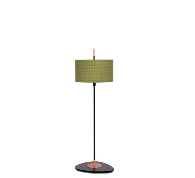 Lampadaire d'extérieur, Lagoon, medium, abat-jour vert Bayamo Mimosa, tissu Pierre Frey, structure laquée noire et cuivre, IP68, Ø35cm, H111,4cm - Contardi