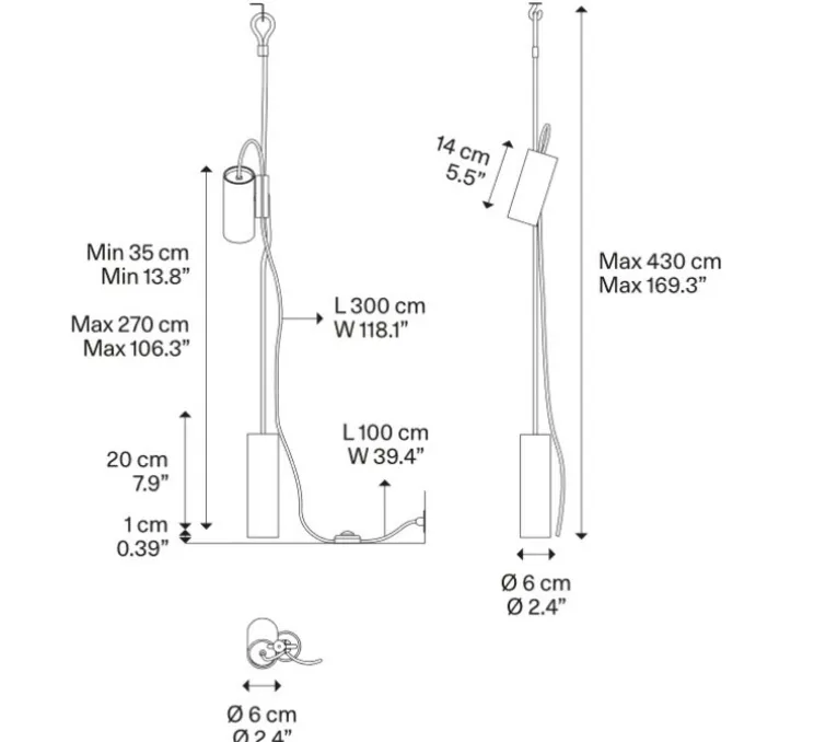 Lampadaire suspendu, Cima, noir, or mat, Ø6cm, H34cm - Lodes