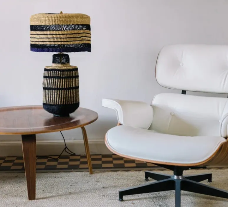 Lampe*Golden Editions Lampe à poser, Stripe, , Ø35cm, H48cm - naturel, bleu foncé