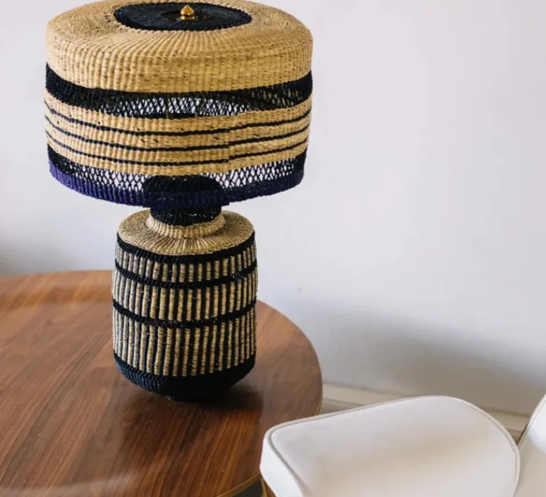 Lampe*Golden Editions Lampe à poser, Stripe, , Ø35cm, H48cm - naturel, bleu foncé