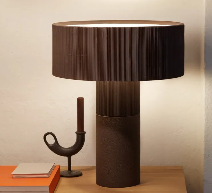 Lampe à poser, Terra Big, chocolat/lignes, chocolat/lignes, chocolat/sablé, IP44, LED, dim, 2700K, 1000 lm, Ø37,2cm, H48,2cm - Pott