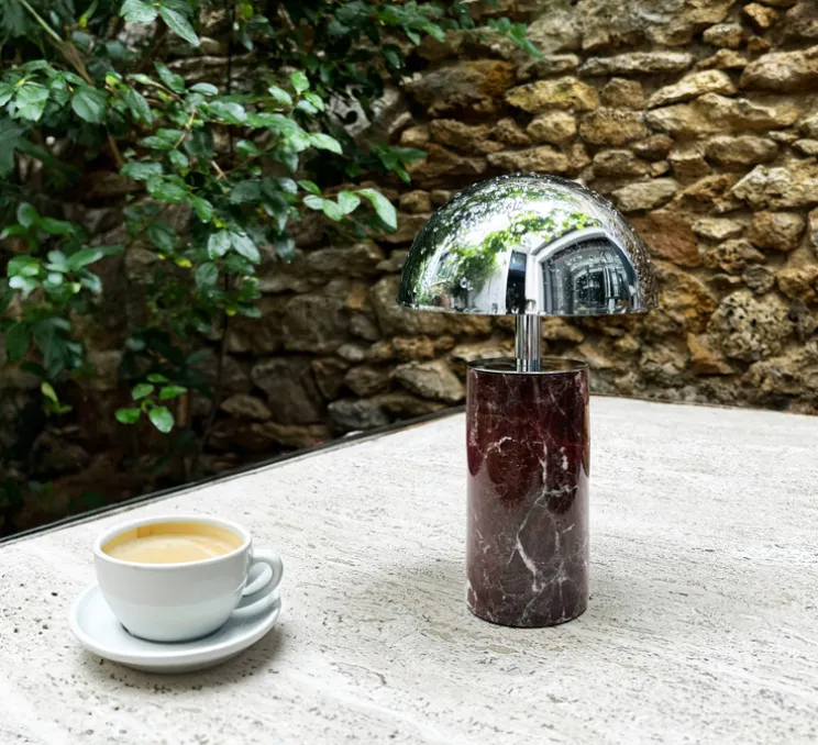 Lampe, Baladeuse, Adei, Marbre rouge, abat-jour chrome, IP44, LED, dim, 3000K, 350 lm, Ø15cm, H23cm - BACCARIS