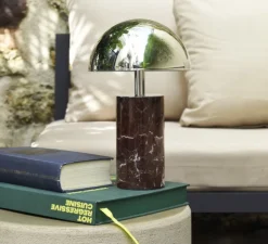 Lampe, Baladeuse, Adei, Marbre rouge, abat-jour chrome, IP44, LED, dim, 3000K, 350 lm, Ø15cm, H23cm - BACCARIS