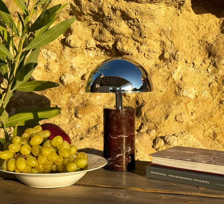 Lampe, Baladeuse, Adei, Marbre rouge, abat-jour chrome, IP44, LED, dim, 3000K, 350 lm, Ø15cm, H23cm - BACCARIS